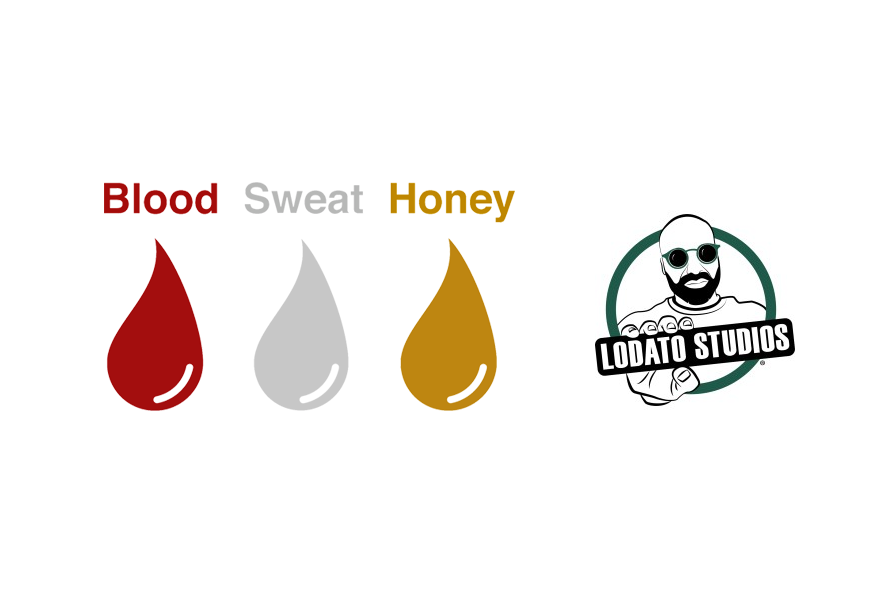 Two images. On left, text reading Blood Sweat Honey with red, silver and orange droplets. On the right, The LodatoStudios logo - a man wearing shades holding a sign saying Lodato Studios.